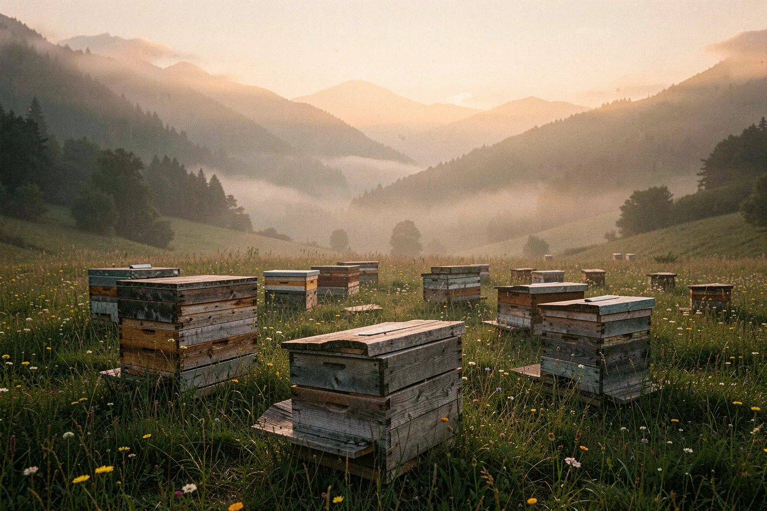 Wooden beehives in a meadow in the Carpathian foothills at sunrise