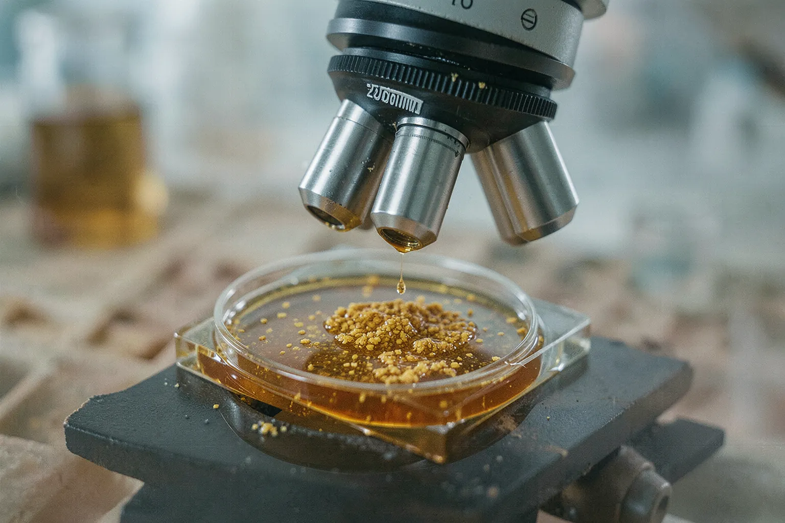 Honey pollen sample under a laboratory microscope