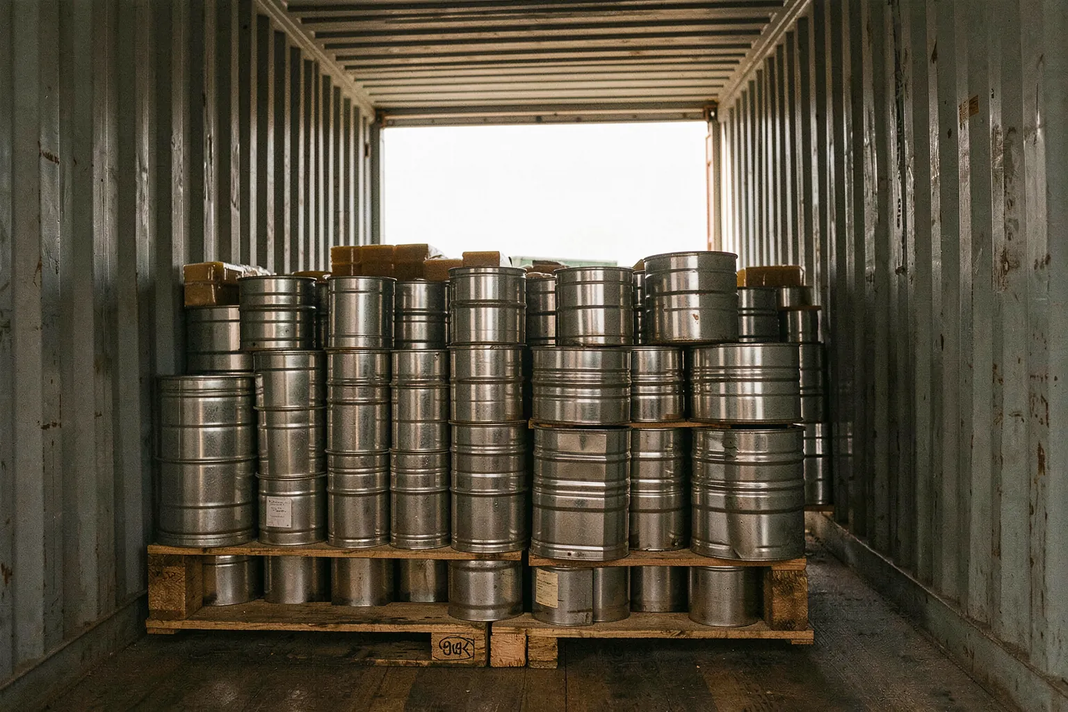 Steel honey drums on pallets inside a shipping container