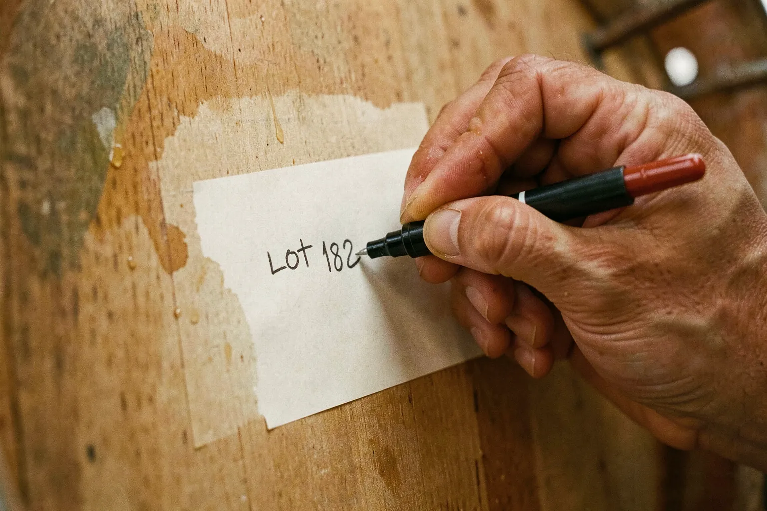 A hand writing a lot number on a label