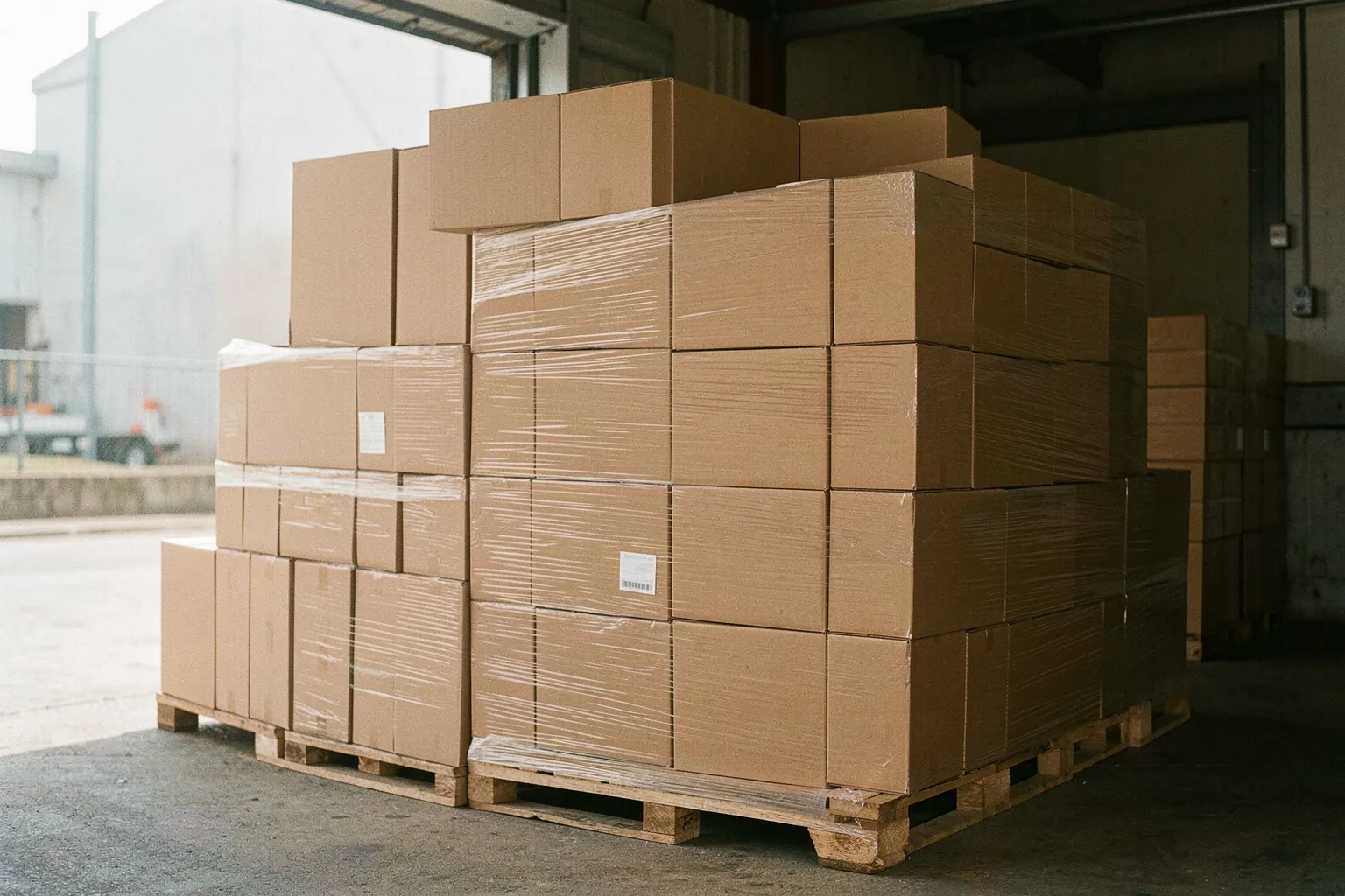 Shrink-wrapped pallets of cartons at a loading dock