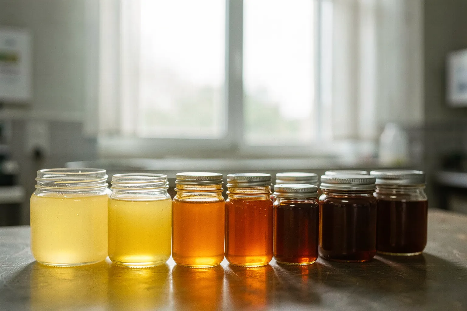 Honey samples in glass jars, from water white to dark amber
