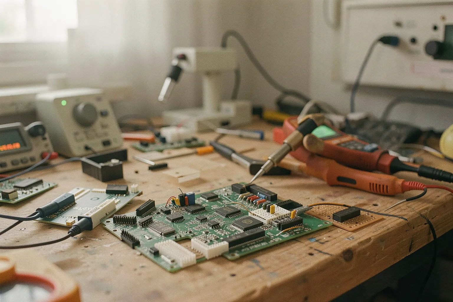 Electronics workbench with circuit boards and soldering tools