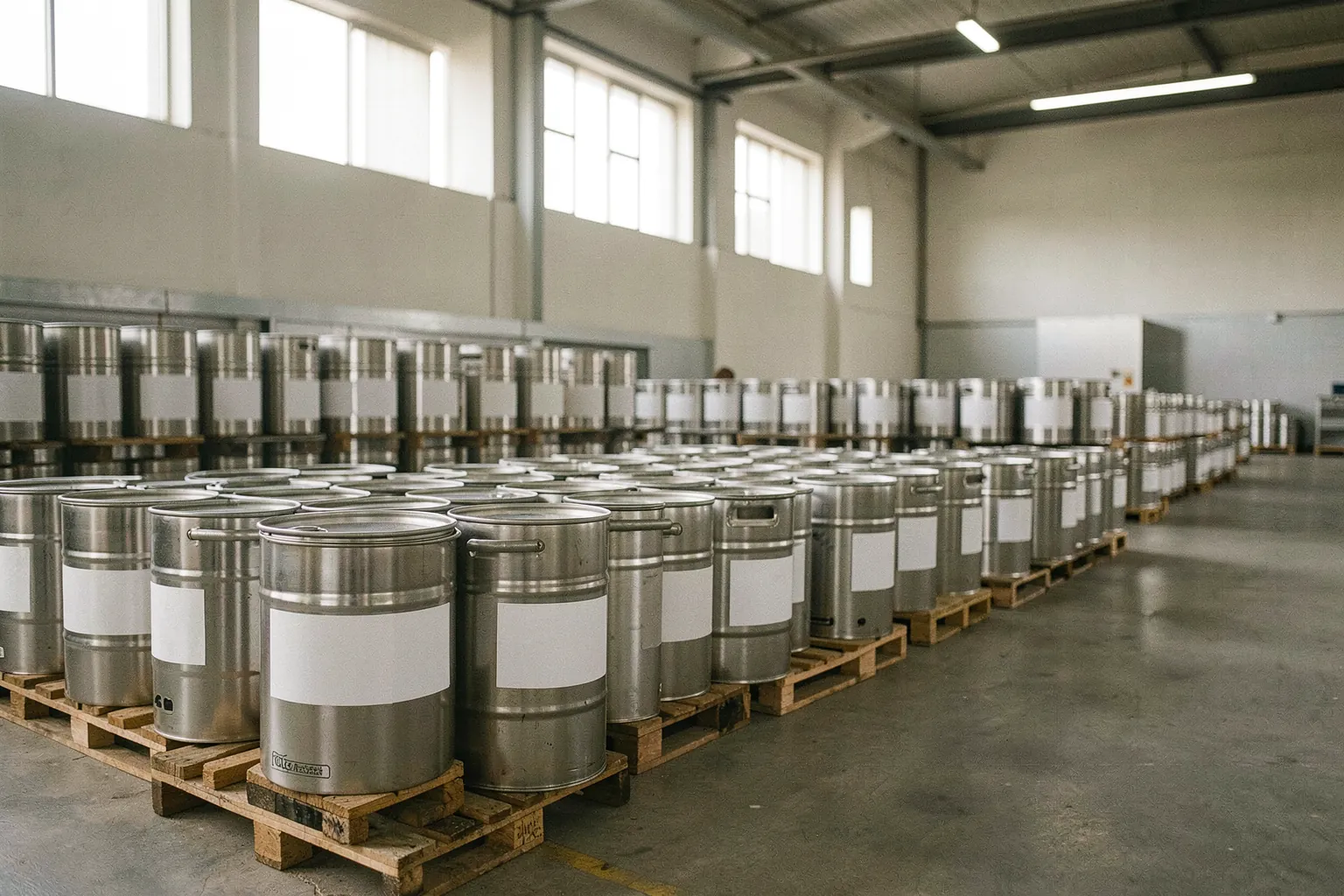 Rows of steel honey drums on pallets in a warehouse